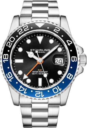 Men's Watch Stainless Steel Triple Row Bracelet Dual Time Date with Screw Down Crown