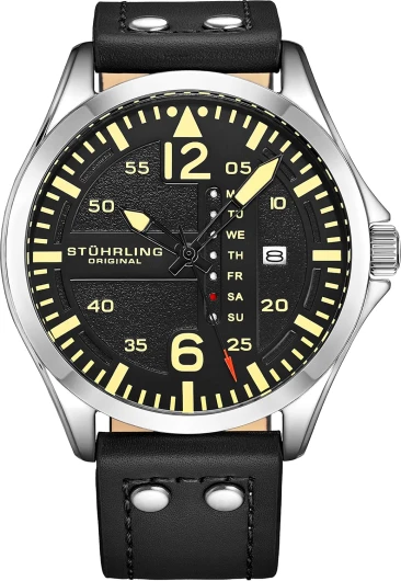 Mens Leather Watch -Aviation Watch, Quick-Set Day-Date Leather Band with Steel Rivets,