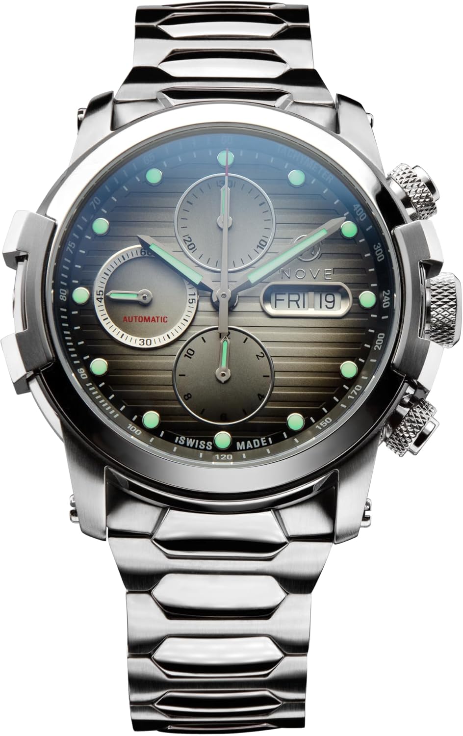 Modena 500 Swiss Made Automatic Chronograph for Men & Women, 44mm case, 15.07mm Thin, 200m Water Resistant, Day Date Calendar, Stainless Steel Band, O001-02 (Silver)