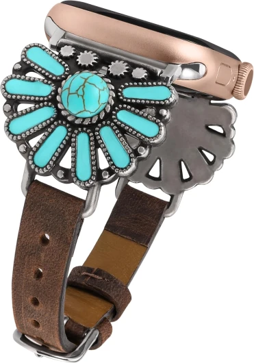 W-RARA Leather Band Compatible with Apple Watch Band Women 38/40/41/42/44/45/46/49mm, Boho Western Vintage Turquoise Ethnic Antique Style Strap for iWatch Series Ultra 2 SE 10 9 8 7 6 5 4 3 2 1
