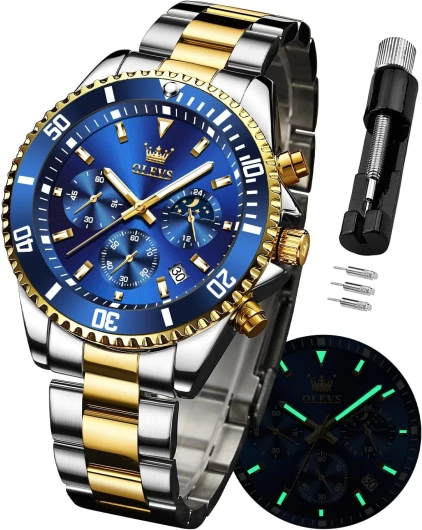 Watches for Men Stainless Steel Analog Quartz Chronograph Moon Phase Watch Waterproof Date Luminous Wrist Male Watches,Gift for Men