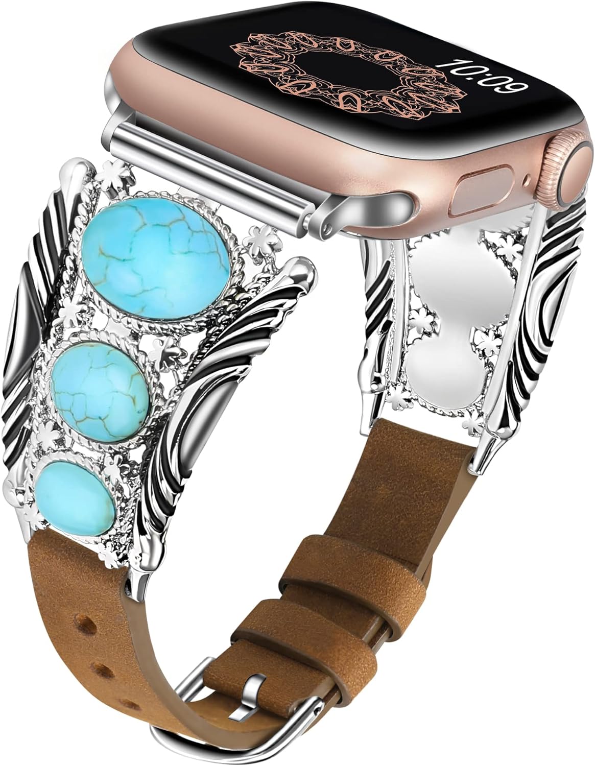 Leather Band Compatible with Apple Watch Band Women 42/46/38/40/41/44/45/49mm, Boho Western Turquoise Vintage Cowboy Retro Jewelry Adjustable Strap for iWatch Series 10 9 SE 8 7 6 5 4 3 Ultra