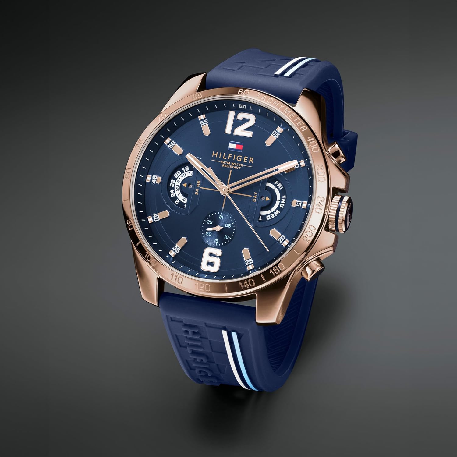 Tommy Hilfiger Analogue Multifunction Quartz Watch for Men with Silicone, Stainless Steel or Leather Bracelet, Day & Date Sub-Dials, 5ATM Water Resistant Navy & Gold Silicone