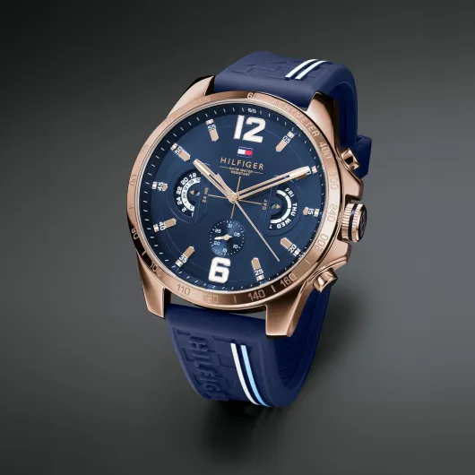 Tommy Hilfiger Analogue Multifunction Quartz Watch for Men with Silicone, Stainless Steel or Leather Bracelet, Day & Date Sub-Dials, 5ATM Water Resistant Navy & Gold Silicone