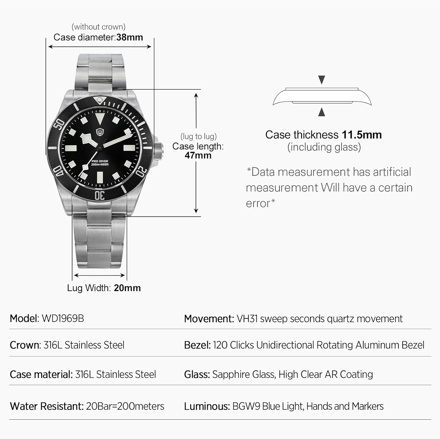 WD1969 Pro Diver Watches VH31 Sweep Second Quartz 38mm Sapphire Crystal Luxury Wristwatch 200m Diver Watch for Men Schwarz / Quadratic Indices