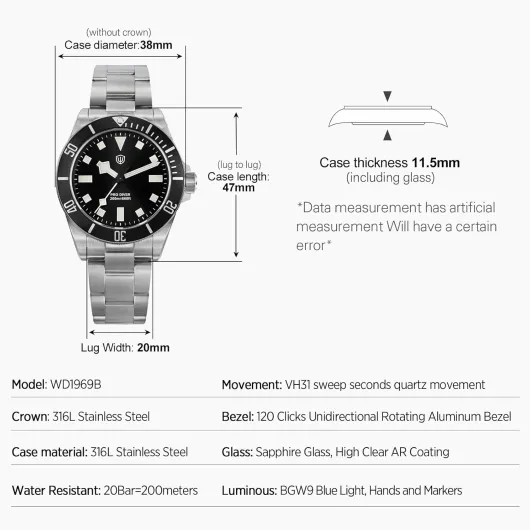 WD1969 Pro Diver Watches VH31 Sweep Second Quartz 38mm Sapphire Crystal Luxury Wristwatch 200m Diver Watch for Men Schwarz / Quadratic Indices