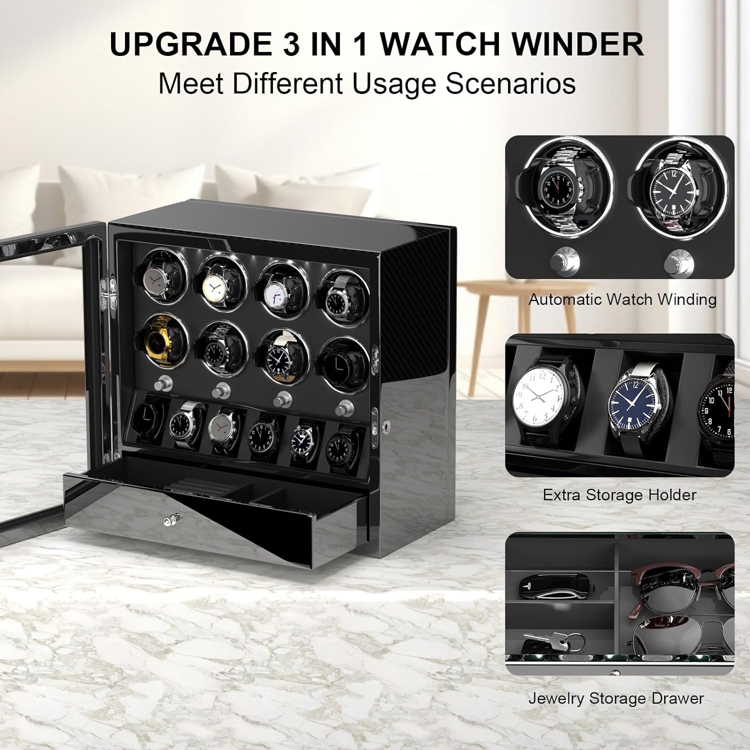 Watch Winder for 2/4/6/8 Automatic Watches, Lockable Watch Winder with Jewelry Storage, Quiet Mabuchi Motor with Piano Lacquer Finish, Built-in Illumination 47*21*46cm（For 8 Watches） Carbon Fibre Watch Winder for 8 Watches