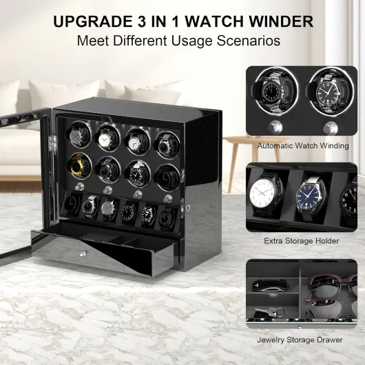 Watch Winder for 2/4/6/8 Automatic Watches, Lockable Watch Winder with Jewelry Storage, Quiet Mabuchi Motor with Piano Lacquer Finish, Built-in Illumination 47*21*46cm（For 8 Watches） Carbon Fibre Watch Winder for 8 Watches