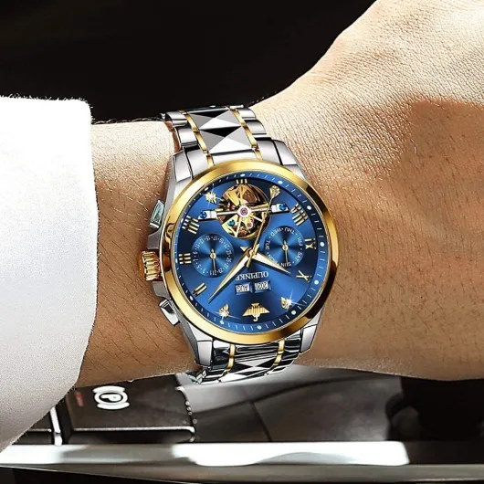 Men Skeleton Watch Automatic Mechanical Self Winding Sapphire Crystal Luxury Dress Tungsten Steel Waterproof Two Tone Strap White Strap Blue Face