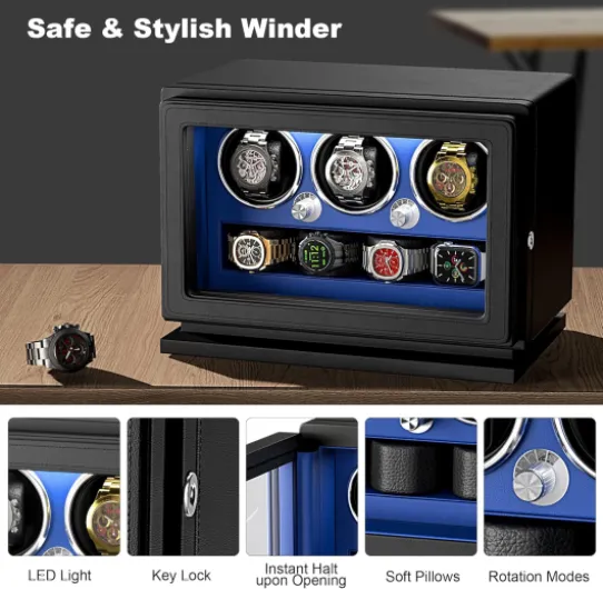 Watch Winder,2-in-1 Key Lock Winders for 3/4/6 Automatic Watches with 4 Rotating Modes,Micro Fiber Leather,Adjustable Watch Pillow,Quiet Motor and White Light for Man and Women 3bl-uk