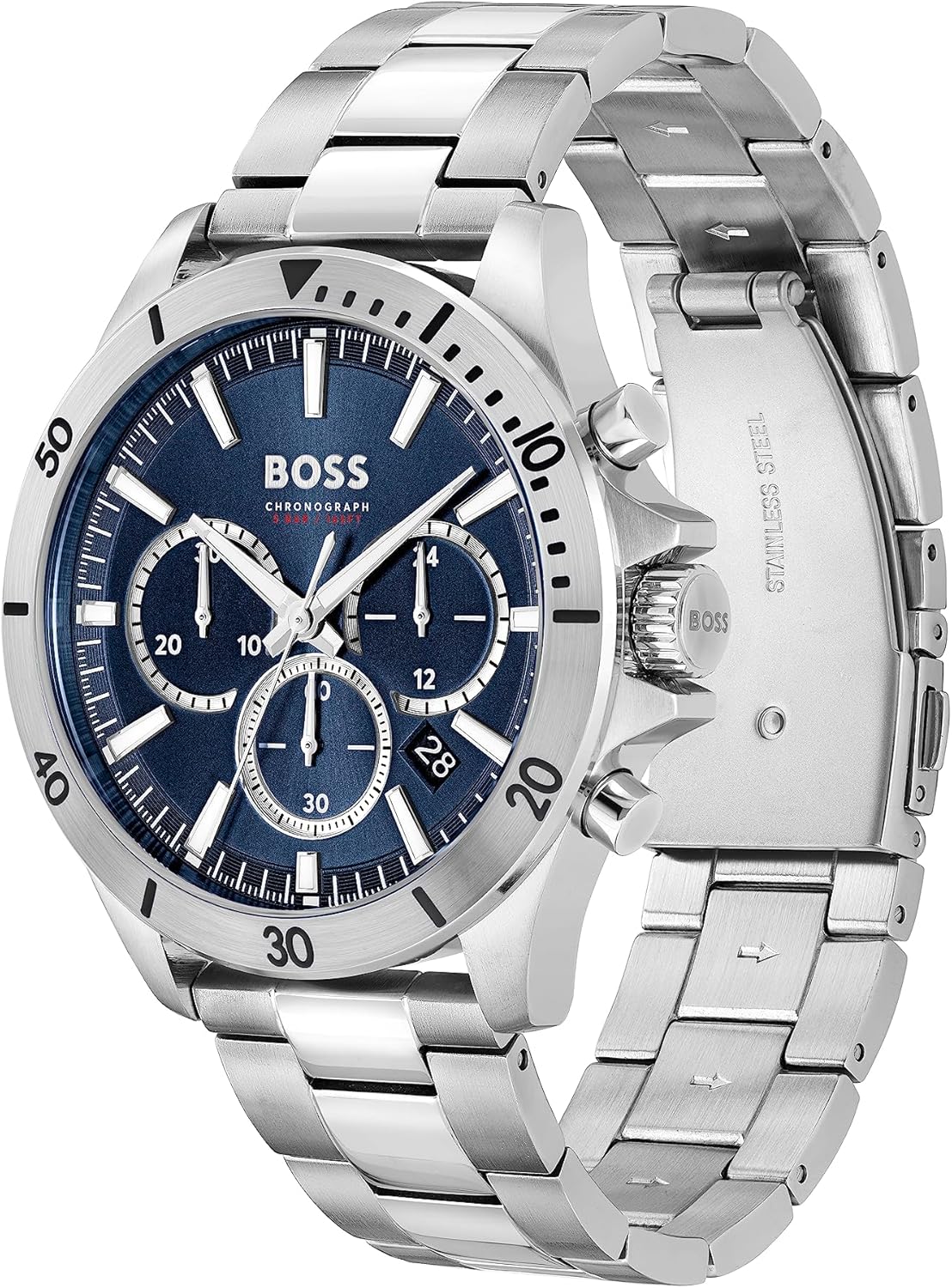 BOSS Chronograph Quartz Watch for Men Collection Troper with Leather or Stainless Steel Strap Blue