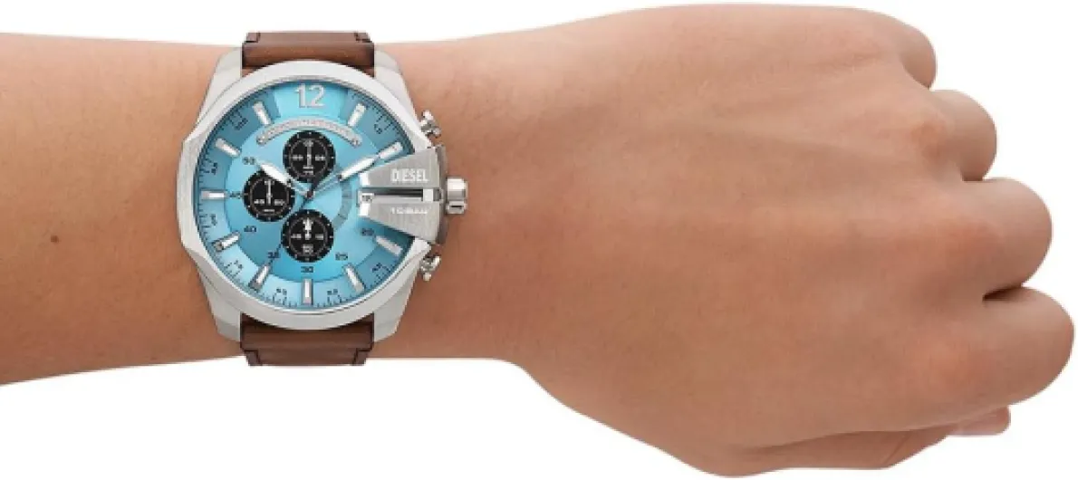 Diesel Mega Chief Stainless Steel Men's Watch with Analog or Digital Movement Brown and Light Blue