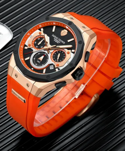 Paras Crown Mens Watches Fashion Luxury Quartz 50M Waterproof Chronograph Wrist Watches for Men Round Silicone Strap Stainless Steel Case Orange