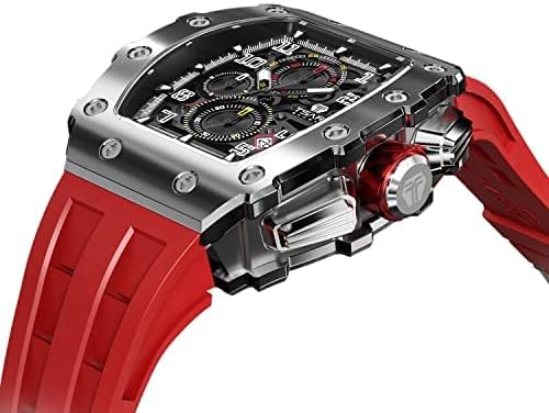 Men’s Watch UK Wristwatches for Men 50M Waterproof Watches Men Tonneau Stainless Steel Case Sapphire Glass with Chronograph Date Function Japanese Quartz Movement Gifts Fashion Luxury Red Tape/Silver Shell/Black Side