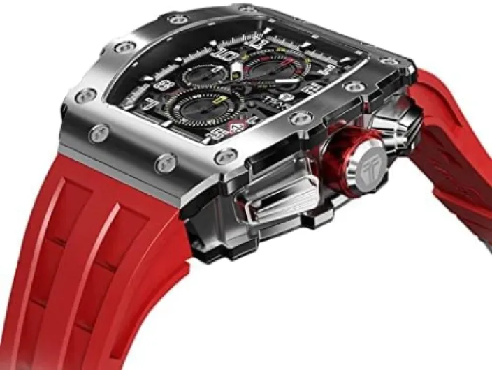 Men’s Watch UK Wristwatches for Men 50M Waterproof Watches Men Tonneau Stainless Steel Case Sapphire Glass with Chronograph Date Function Japanese Quartz Movement Gifts Fashion Luxury Red Tape/Silver Shell/Black Side