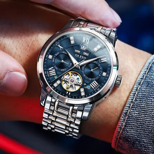 Automatic Watches for Men Self Winding Mechanical Skeleton Luxury Dress Stainless Steel Diamond Men Wrist Watches 6701:silver Strap&blue Dial