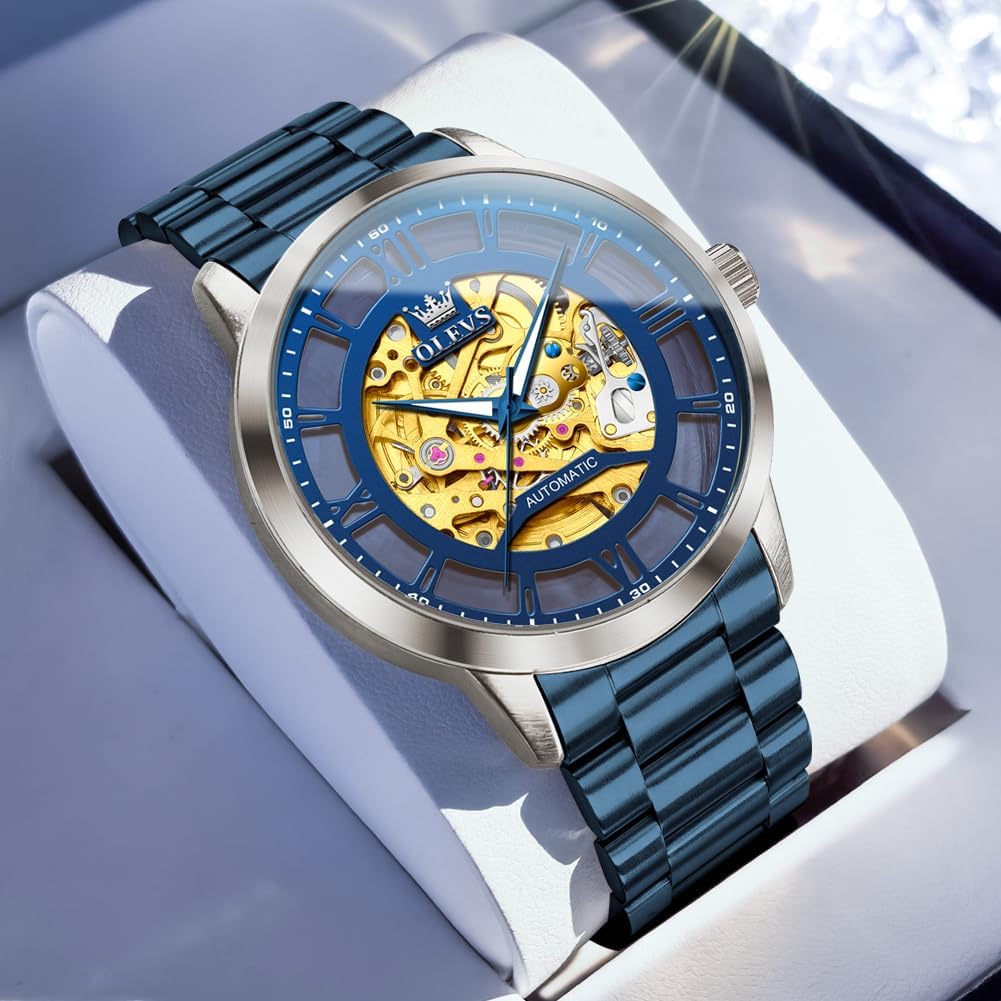 Men’s Skeleton Watch Automatic Mechanical Self Winding Luxury Dress Stainless Steel Waterproof Luminous Wrist Watches Tn-g6728-blue