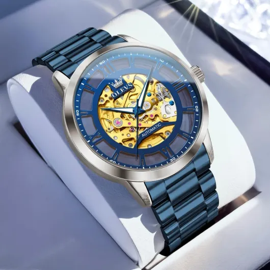 Men’s Skeleton Watch Automatic Mechanical Self Winding Luxury Dress Stainless Steel Waterproof Luminous Wrist Watches Tn-g6728-blue