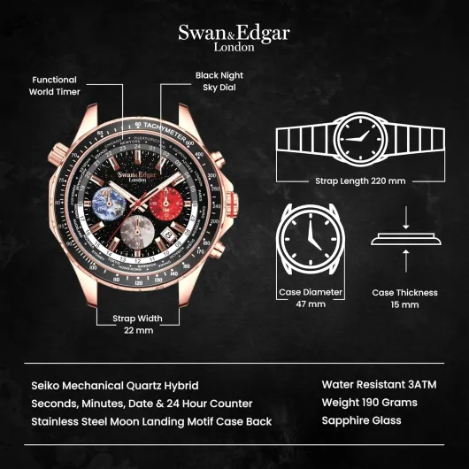 World Timer Mechaquartz Chronograph Designer Watch for Men with Saphire Glass, Hand Assembled 30m Water Resistant Analogue Men's Watch with 5 Years Warranty Rose Gold Black