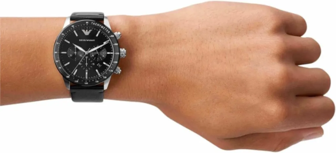 Emporio Armani Watch for Men, Quartz 3 sub dial Chronograph Movement and 43mm Case Size with Leather Strap Black and Silver Tone