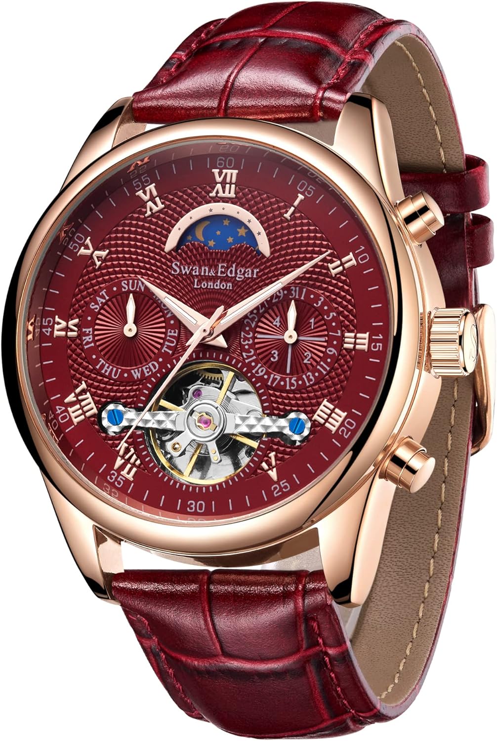 Complexity - Automatic Watch for Mens - Moon Face & Open Heart Skeleton Dial - Stainless Steel Case, Sapphire Crystal, Genuine Leather Strap, 30M Water Resistant, 5-Year Warranty Gold Red