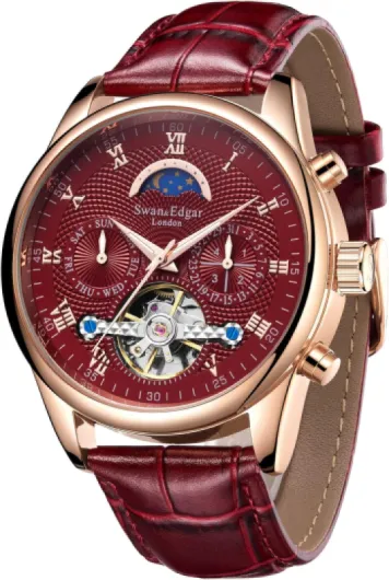 Complexity - Automatic Watch for Mens - Moon Face & Open Heart Skeleton Dial - Stainless Steel Case, Sapphire Crystal, Genuine Leather Strap, 30M Water Resistant, 5-Year Warranty Gold Red