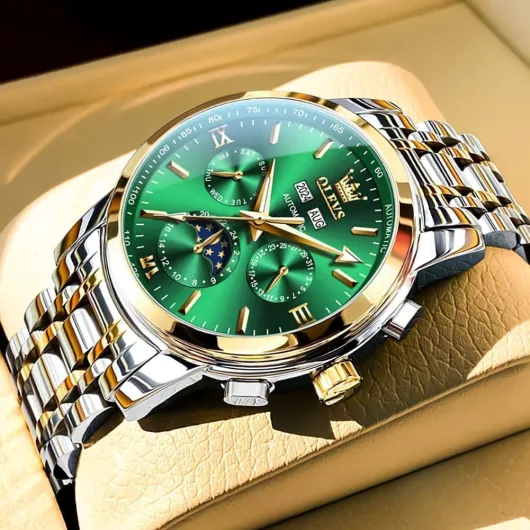 Automatic Men Watch Black Face Tourbillon Self Winding Mechanics Luxury Business Stainless Steel Strap Luminous Waterproof Wrist Watch Two-tone Strap and Green Dial