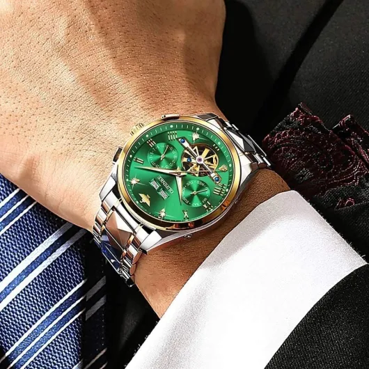 Men Watch Chronograph Stainless Steel Quartz Business Dress Luminous Waterproof Multi-Function Men Wrist Watch White Strap Green Face