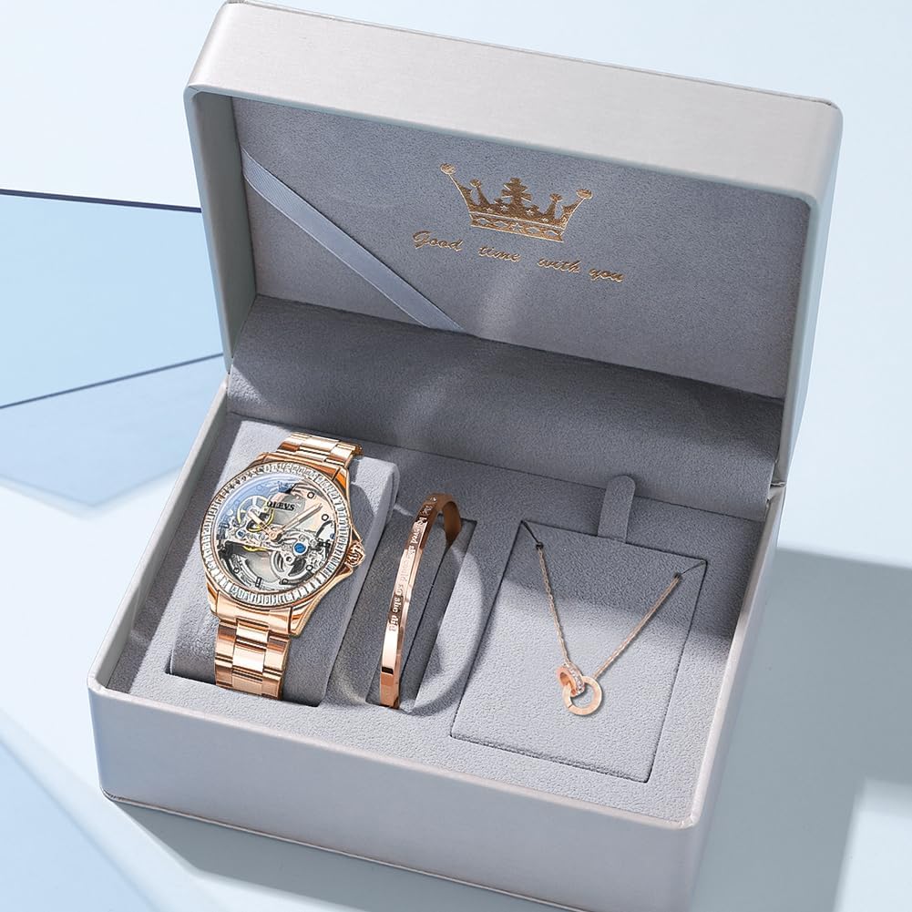 Women’s Watch Automatic Diamond Tourbillon Luxury Fashion Stainless Steel Waterproof Luminous Wrist Watches for Ladies Gift Rose Gold/Starry Sky Blue/Silver 6699: Rose Gold