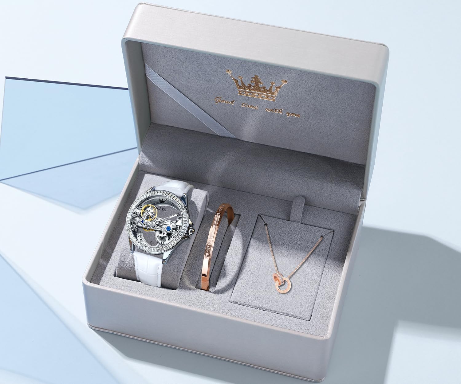 Women’s Watch Automatic Diamond Tourbillon Luxury Fashion Stainless Steel Waterproof Luminous Wrist Watches for Ladies Gift Rose Gold/Starry Sky Blue/Silver 6699: White Leather