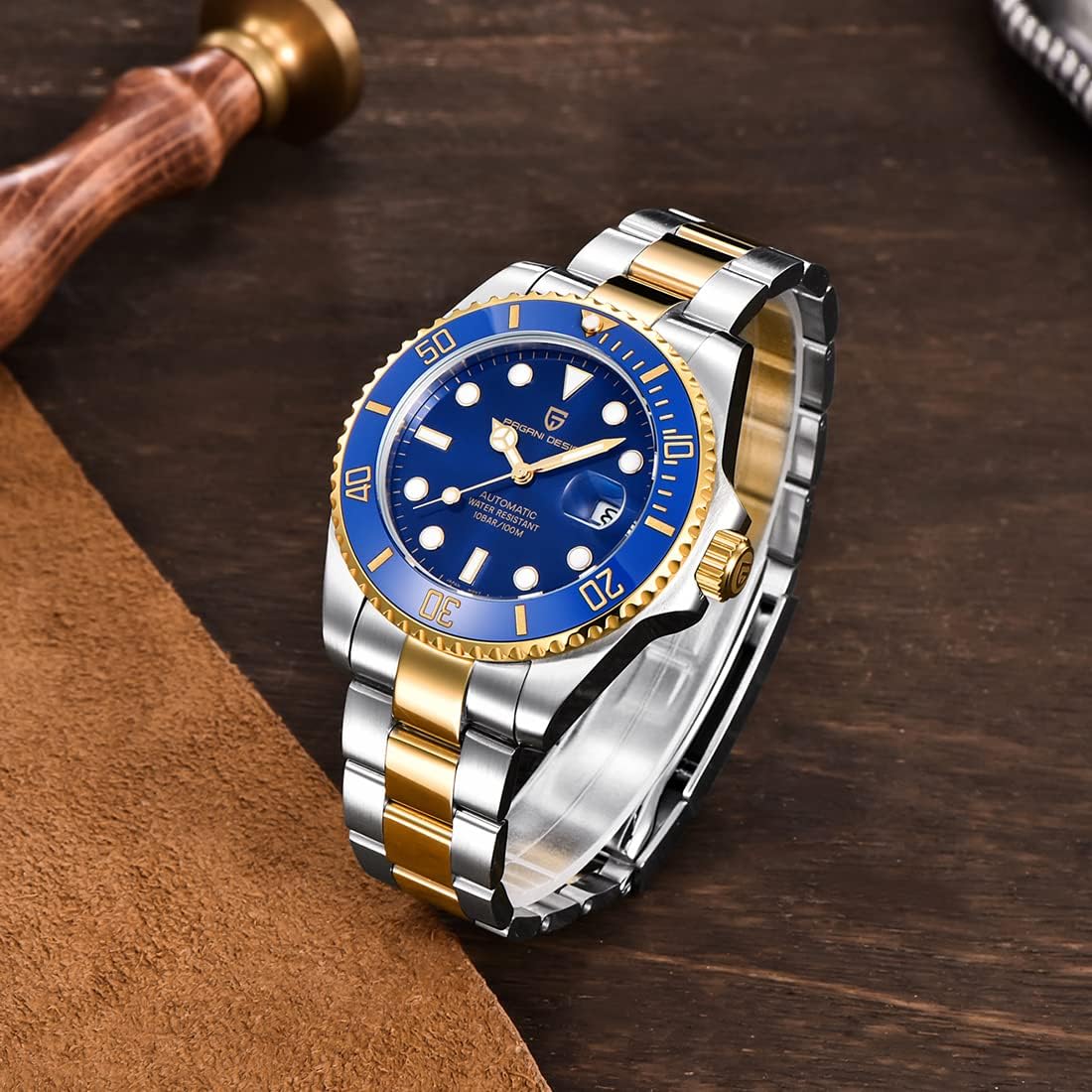 Pagani Design Men's Mechanical Luxury Ceramic Bezel 42MM Japanese Movement Stainless Steel Automatic Sapphire Glass Men's Watch 100 Metres Water Resistant Gold Blue Jc-1639