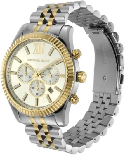 Michael Kors Montre Lexington pour Homme, 45mm Mouvement chronographe à Quartz avec Bracelet en Acier Inoxydable Ton Argent et Ton Or