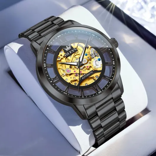 Mens Watch Automatic Mechanical Blue Face Winding Moon Phase Stainless Steel Two Tone Date Waterproof Luminous Tn-g6728-black