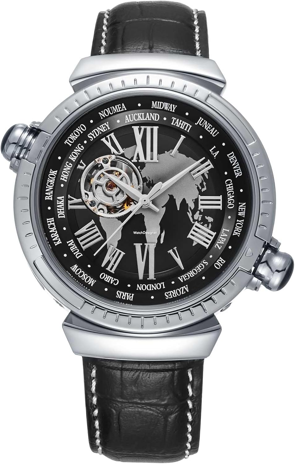 Men's Automatic Mechanical Watch(No Battery Need) Top Leather Strap Skeleton Watch Multi-Function Dial Waterproof Silver-1