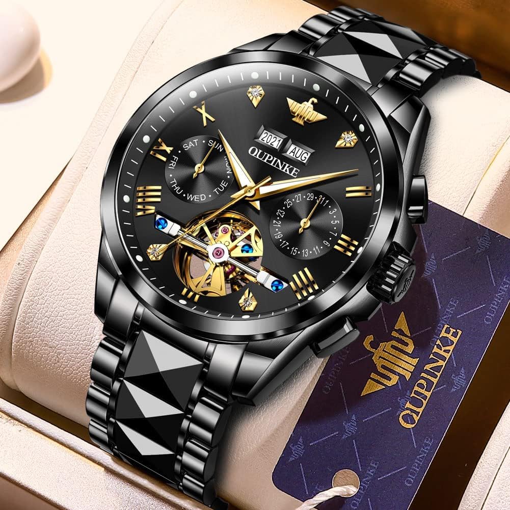 Men Skeleton Watch Automatic Mechanical Self Winding Sapphire Crystal Luxury Dress Tungsten Steel Waterproof Two Tone Strap Black Strap Black Face