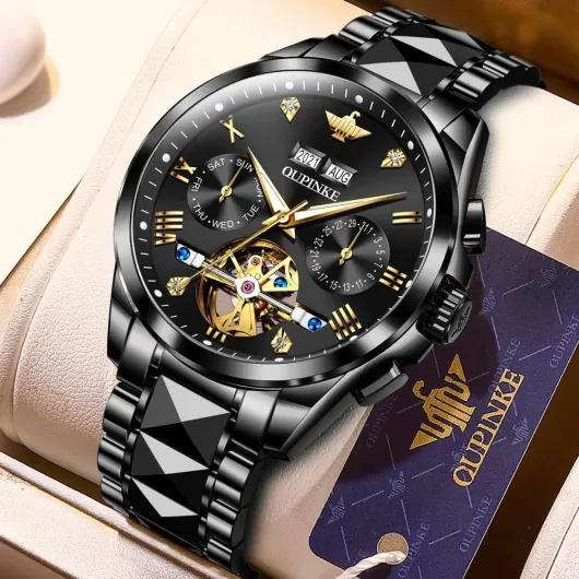 Men Skeleton Watch Automatic Mechanical Self Winding Sapphire Crystal Luxury Dress Tungsten Steel Waterproof Two Tone Strap Black Strap Black Face