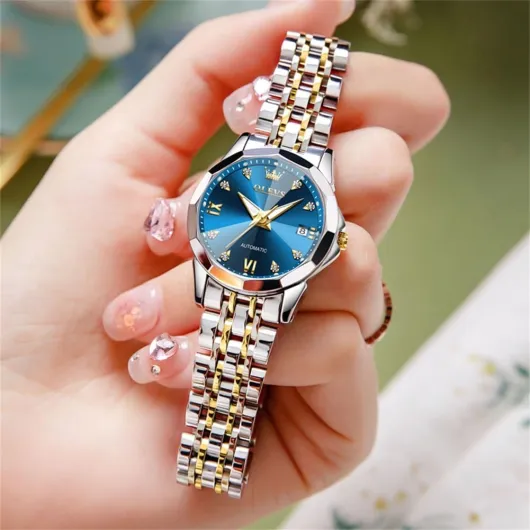 Womens Automatic Watches Diamond Stainless Steel Self Winding Ladies Dress Wrist Watches Luminous Waterproof L9982: Two Tone Band & Blue Dial