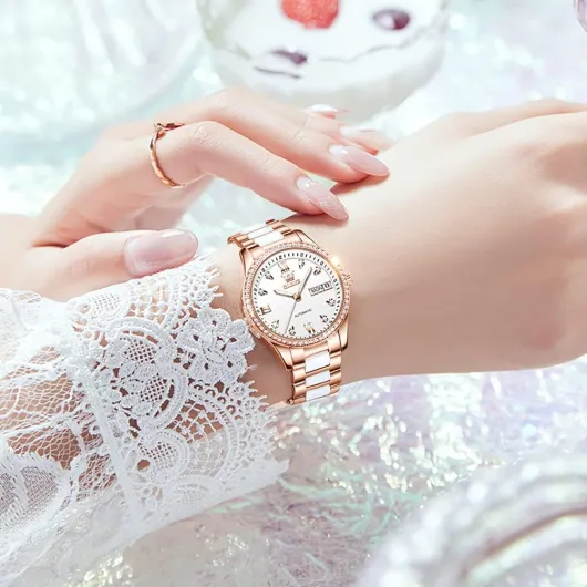 Automatic Watch for Women Self Winding Ladies Diamond Wrist Watch Luxury Dress Rose Gold Ceramic Watch for Women Love Heart Date 6637:white