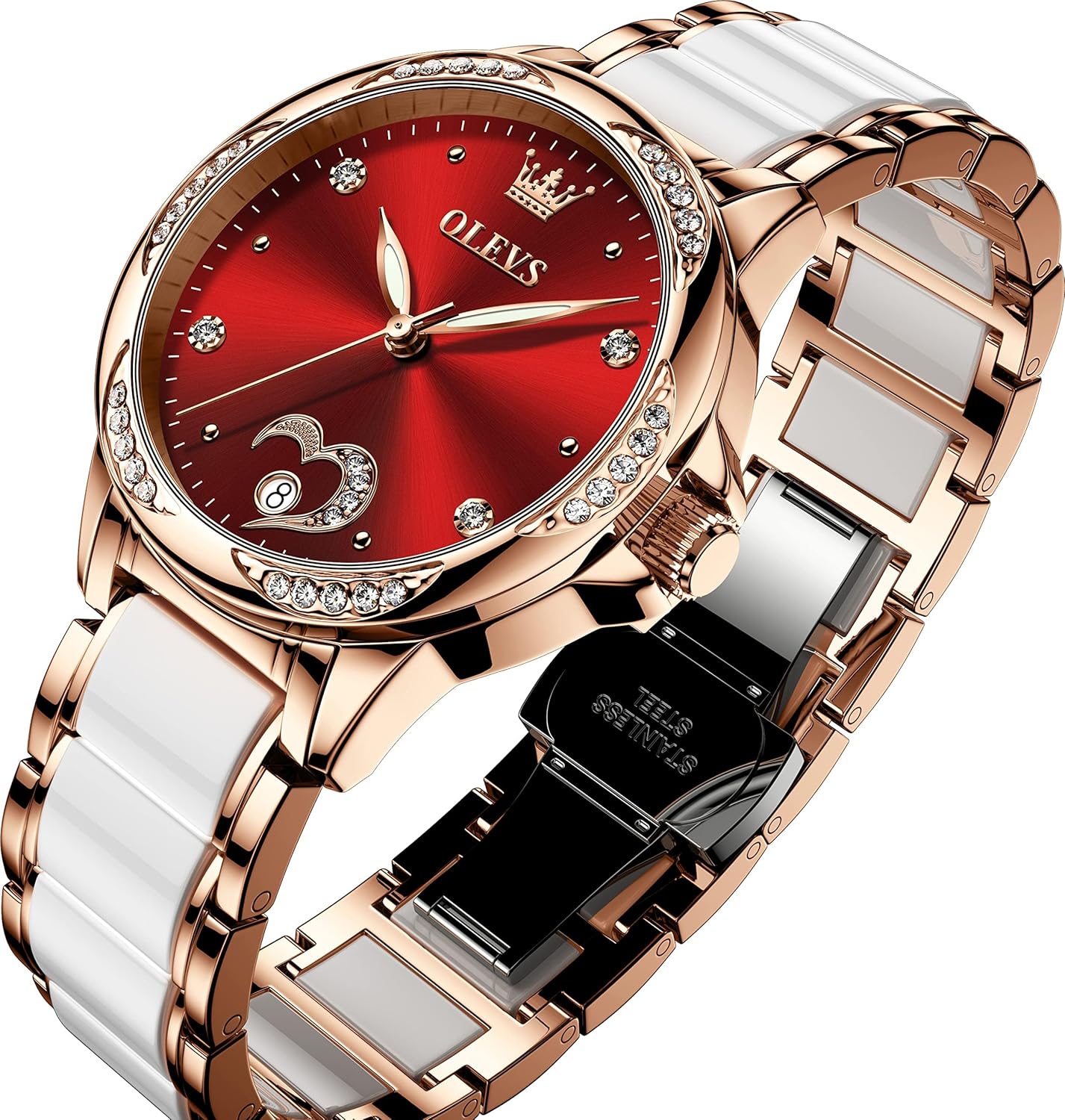 Automatic Watch for Women Self Winding Ladies Diamond Wrist Watch Luxury Dress Rose Gold Ceramic Watch for Women Love Heart Date 6631:red