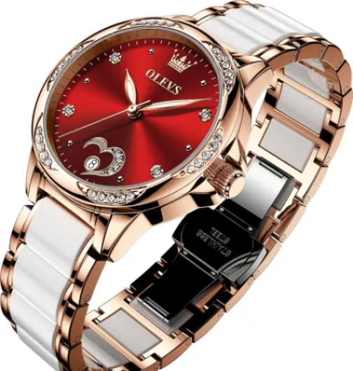 Automatic Watch for Women Self Winding Ladies Diamond Wrist Watch Luxury Dress Rose Gold Ceramic Watch for Women Love Heart Date 6631:red