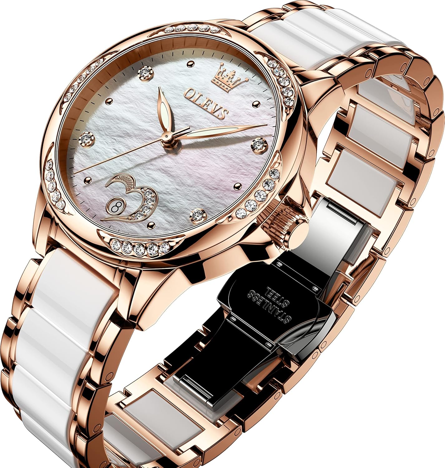 Automatic Watch for Women Self Winding Ladies Diamond Wrist Watch Luxury Dress Rose Gold Ceramic Watch for Women Love Heart Date 6631:white