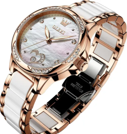 Automatic Watch for Women Self Winding Ladies Diamond Wrist Watch Luxury Dress Rose Gold Ceramic Watch for Women Love Heart Date 6631:white