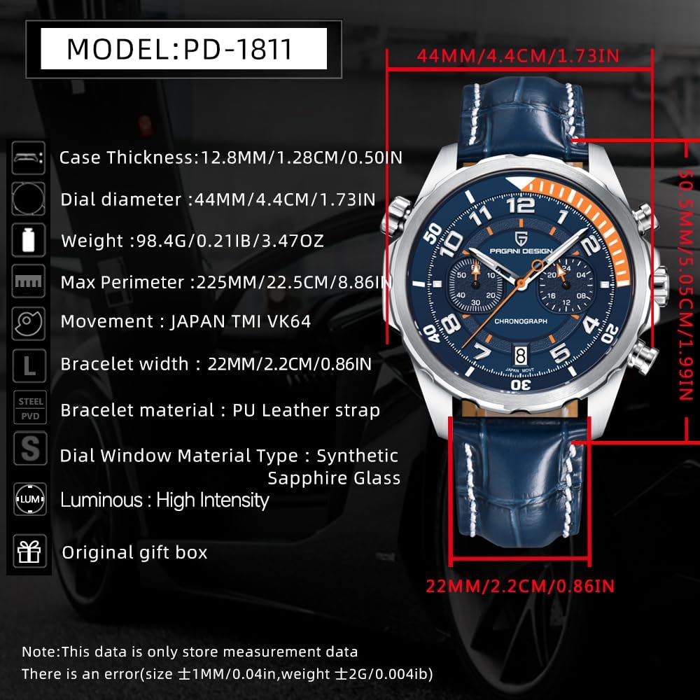 Pagani Design 2025 New Sport Chronograph AR Sapphire Crystal Top Luxury Quartz Watch Men Luminous Bezel Leather Wrist Watch Men Blue