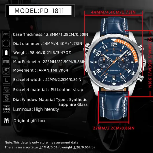 Pagani Design 2025 New Sport Chronograph AR Sapphire Crystal Top Luxury Quartz Watch Men Luminous Bezel Leather Wrist Watch Men Blue