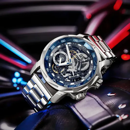 FEICE FM511 Men's Automatic Skeleton Watch, Luxury Sapphire Crystal Glass Blue Dial Luminous Hands, 5ATM Waterproof Sport Wristwatch with Silicone Strap for Men, Casual Mechanical Watches for Men - Silver