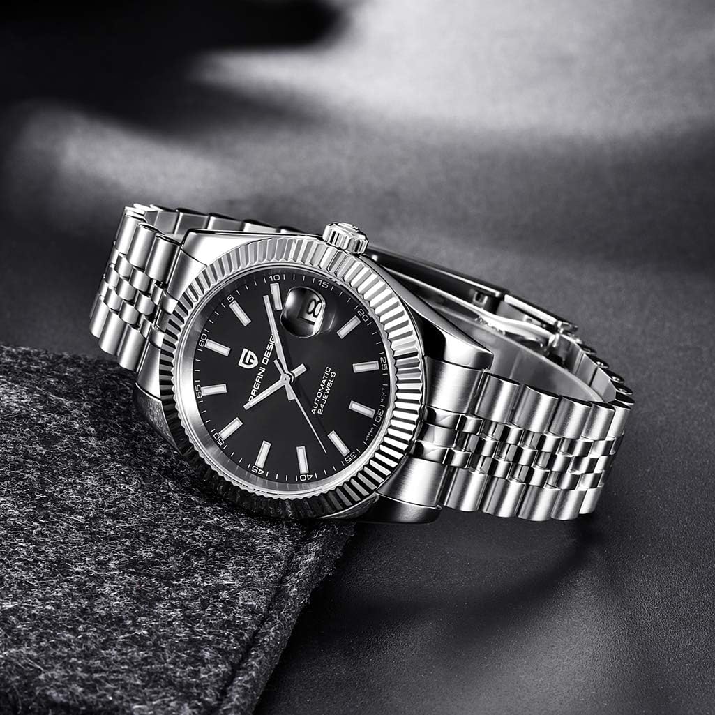 Pagani Design Luxury Men's Automatic Mechanical Watch Japan NH35 Movement Stainless Steel AR Synthetic Sapphire 100m Waterproof Elegant Dress Sports Watches Date (Black)