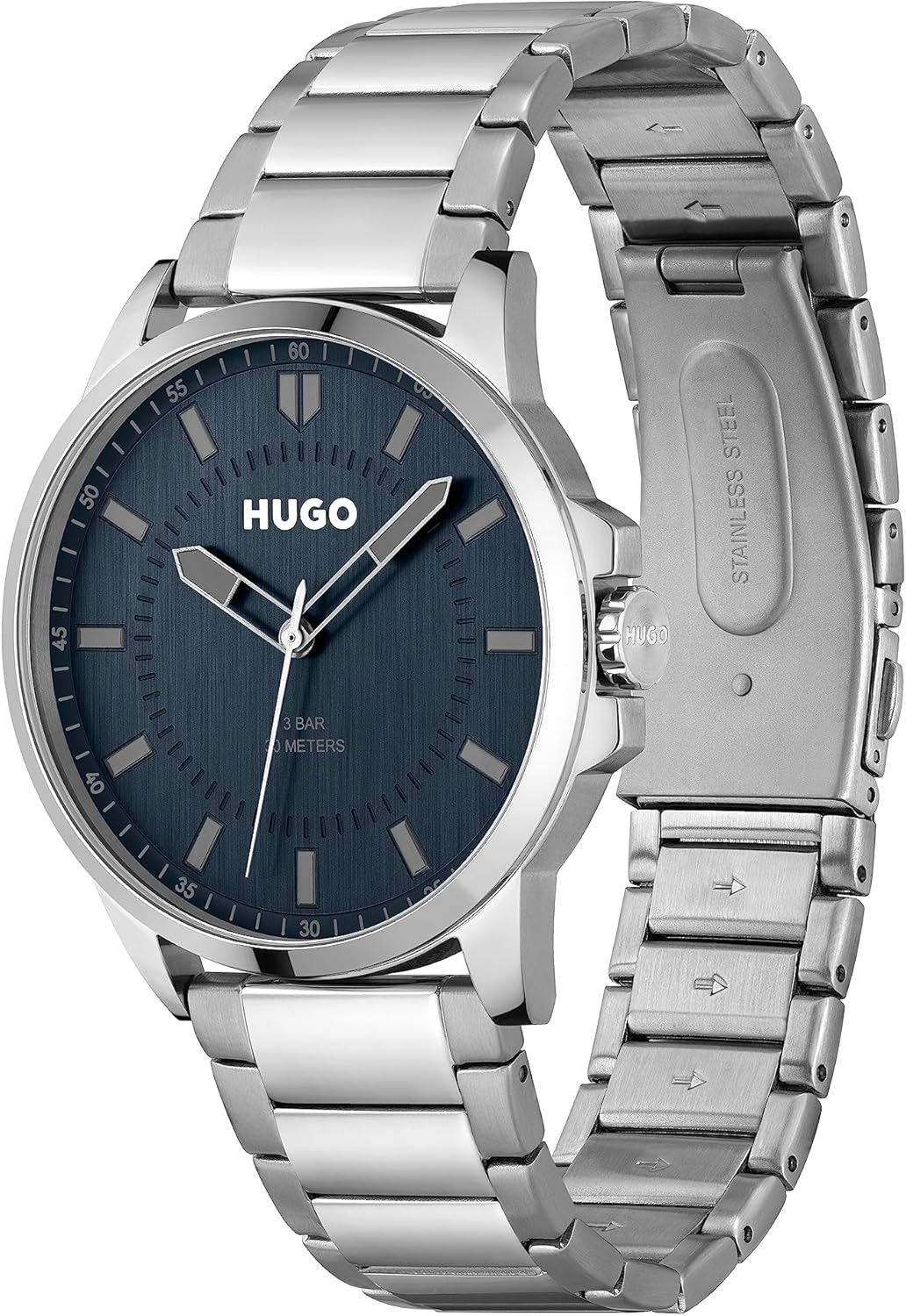 HUGO Analogue Quartz Watch for Men Collection #First - Available with Stainless Steel Bracelet or Leather Strap Blue Stainless steel