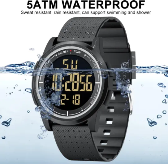 Ultra-Thin Minimalist Sports Waterproof Digital Watches Men with Wide-Angle Display Rubber Strap Wrist Watch for Men Women Resin/Black
