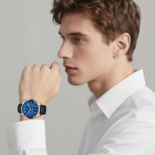 Mens Watches Leather Wrist Watch for Men Analog Dress Gents Chronograph Vintage Waterproof Men's Analogue Work Casual Luminous 3ATM Business Classic Quartz with Date Display Blue Black