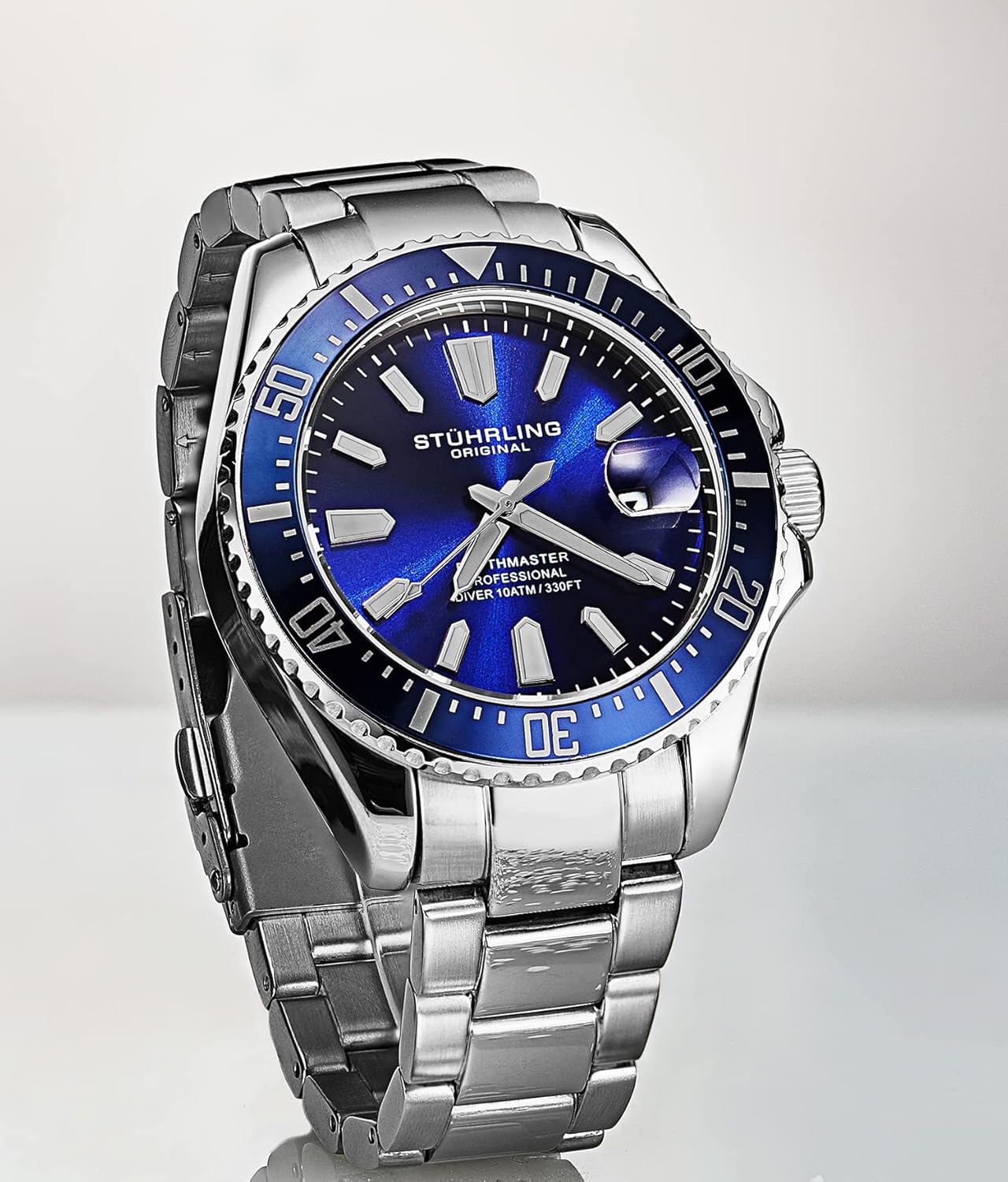 Stuhrling Original Men's Watches Pro Dive Watch Sports Watch with 42 MM Case Blue Dial Stainless Steel Silver Bracelet Diving Watch for Men